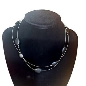 Express Silver Wire Layered Necklace with Black Oval Beads - 15 inch